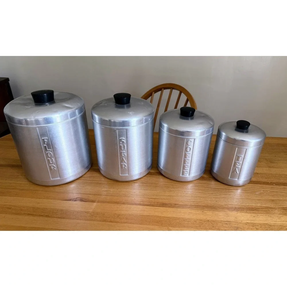 VTG Mid-Century Brushed Aluminum Canister Set Of 4 With Lids 1950s MCM Retro